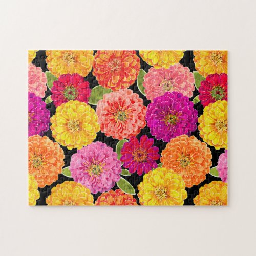 Floral Zinnia Summer Flowers Coral Purple Yellow Jigsaw Puzzle