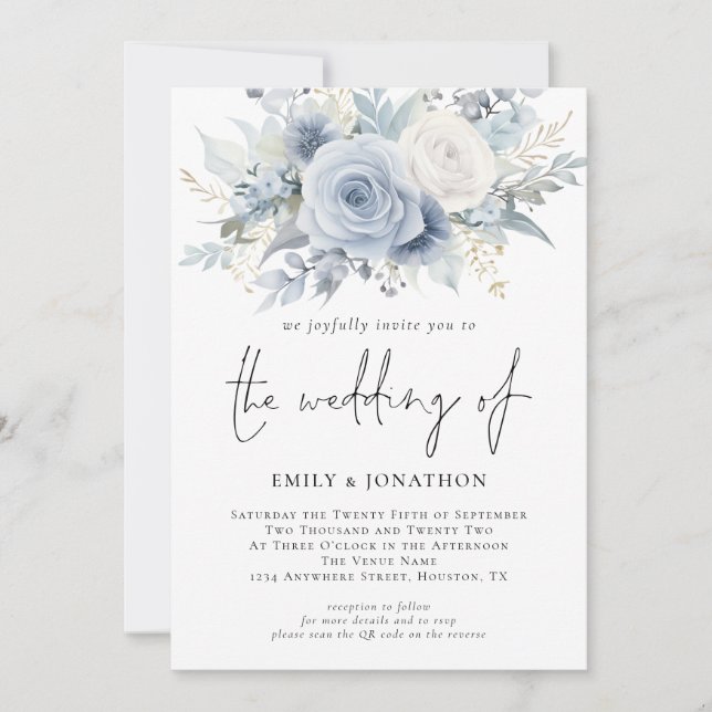 Florals 3 Photos QR Code Dusty Blue Wedding Invitation (Front)