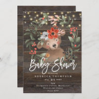 florals and cute bear boho modern baby shower invitation