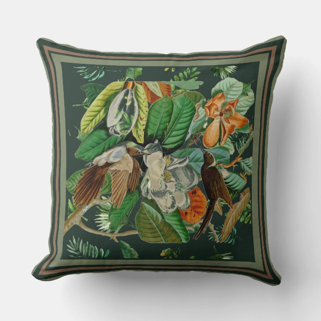 Florals Birds Dark Green  Throw Pillow (Front)