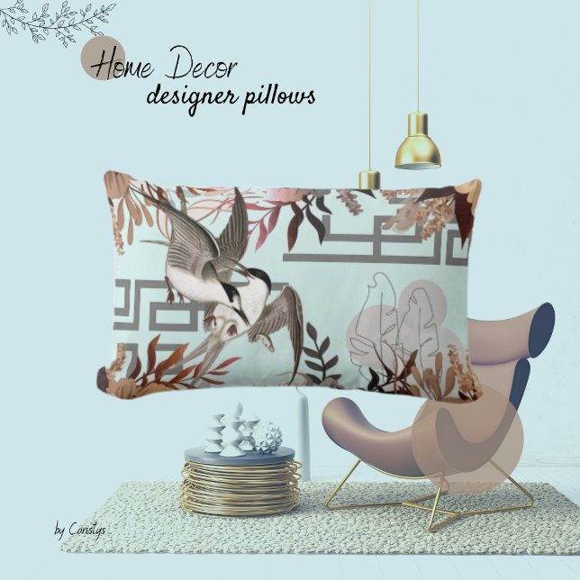 Florals, Birds, Dusty Blue Lumbar Pillow (Creator Uploaded)