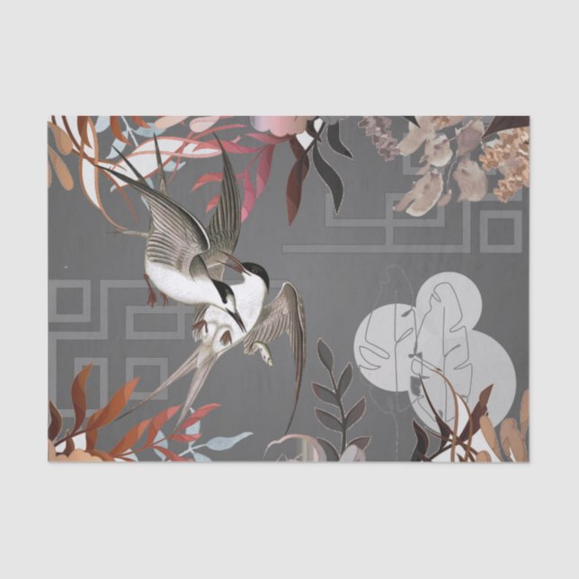 Florals, Birds, Slate Grey Background Decoupage  Tissue Paper (Front)