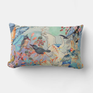 Florals, Birds with Slate Blue on Back  Lumbar Pillow