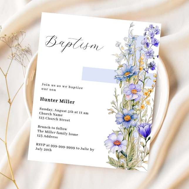 Florals blue cross boy Baptism invitation (Creator Uploaded)