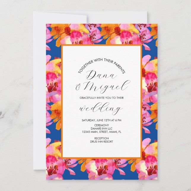 Florals Blue Orange Watercolor Wedding Invitation  (Front)