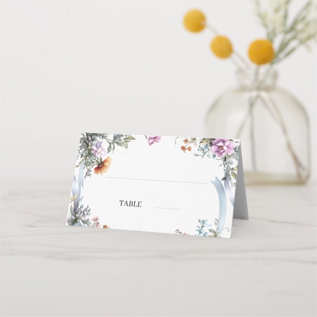 Florals Blue Ribbon Place Cards Elegant (Front)