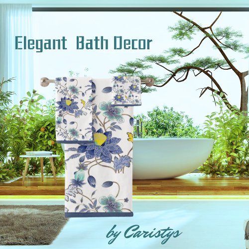 Florals Blue  Yellow Bath Towel Set