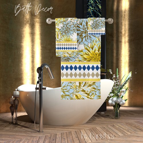 Florals Blue Yellow Dahlias with Patterned Trim Bath Towel Set