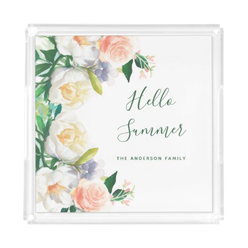 Florals blush pink white hello summer acrylic tray