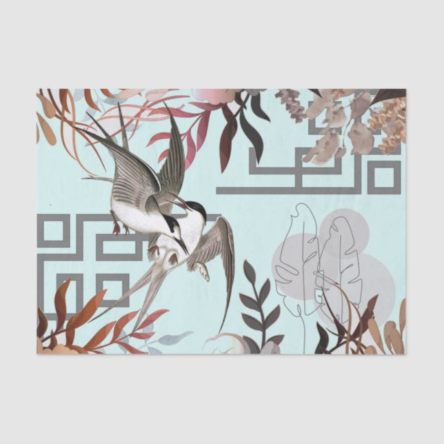 Florals Browns, Cranberry Tan & Birds Decoupage  Tissue Paper (Front)