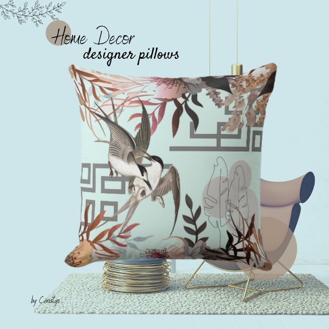 Florals Browns, Cranberry Tan & Birds  Throw Pillow (Creator Uploaded)