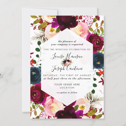 Florals Burgundy Blush Navy Watercolor Wedding Invitation