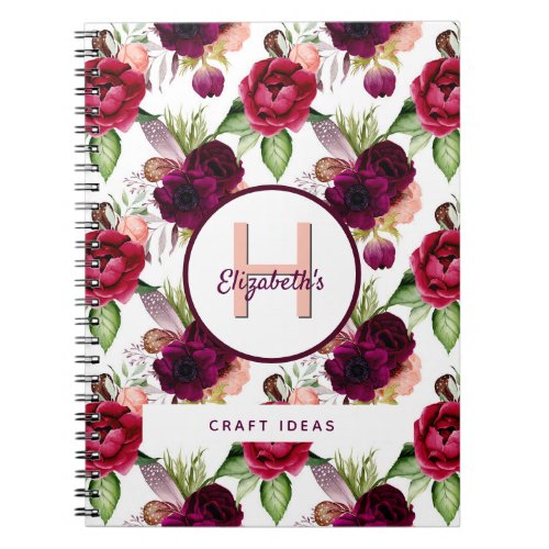 Florals burgundy craft ideas monogram notebook