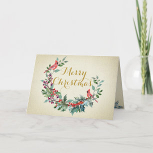 Florals Cardinals Gold Elegant Foliage Watercolor Holiday Card