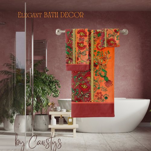 Florals Dramatic Designs Red Rust Orange  Bath Towel Set