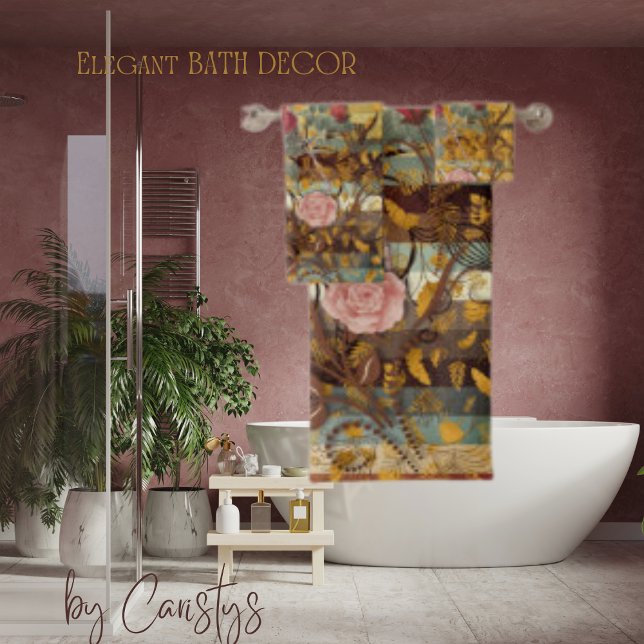 Florals Elegant with Teal, Brown, Ivory Bath Towel Set (Creator Uploaded)