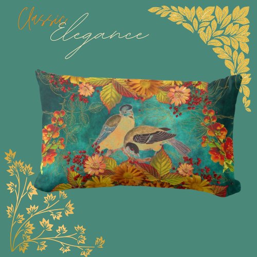 Florals Fall Shades with Birds backed in Rich Teal Lumbar Pillow