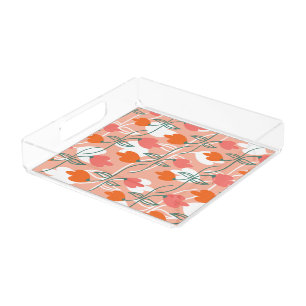 Florals Hand Drawn Botanical Pattern Orange Acrylic Tray