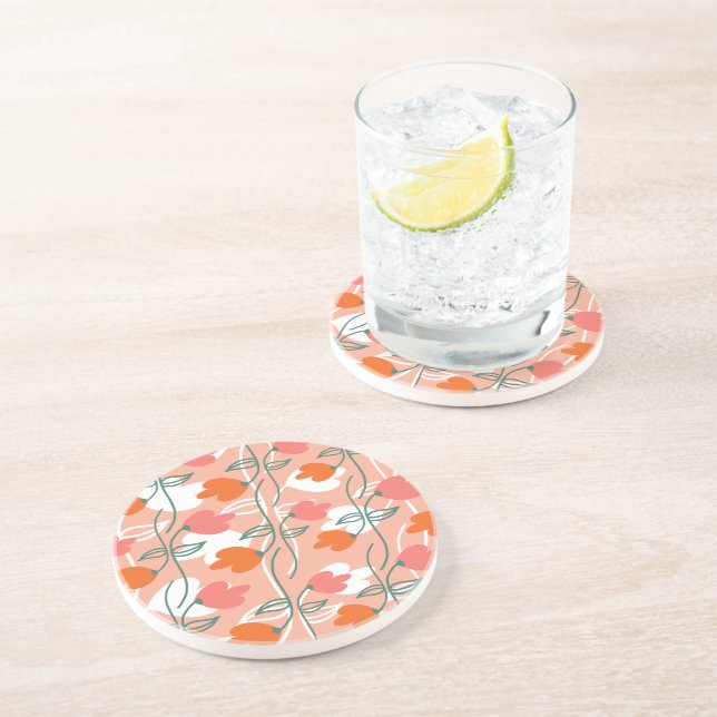Florals Hand Drawn Botanical Pattern Orange Coaster (Side)
