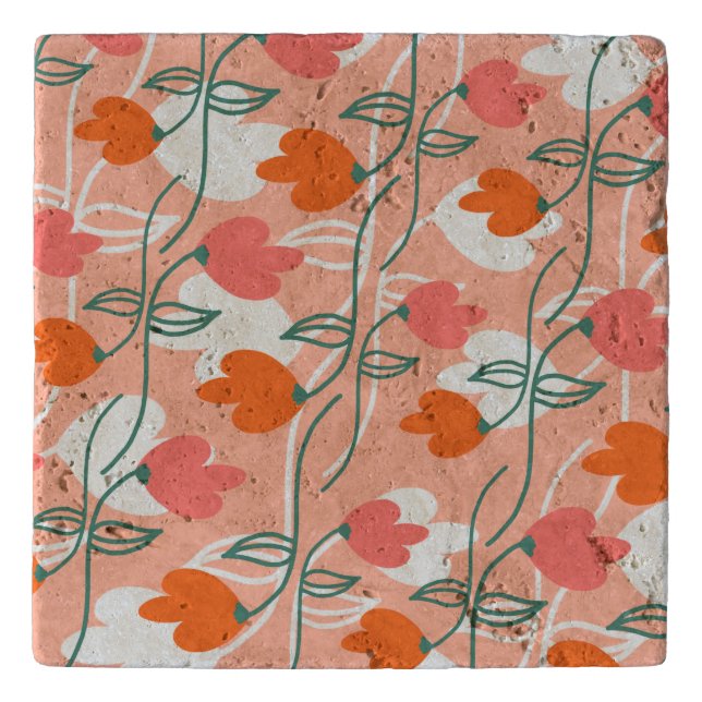 Florals Hand Drawn Botanical Pattern Orange Trivet (Front)