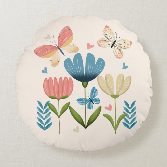 Florals in Blue and Orange hues Round Pillow (Front)