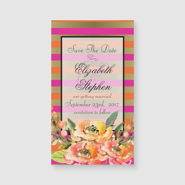 Florals on Pink and Gold Stripes Save the Date (Front)