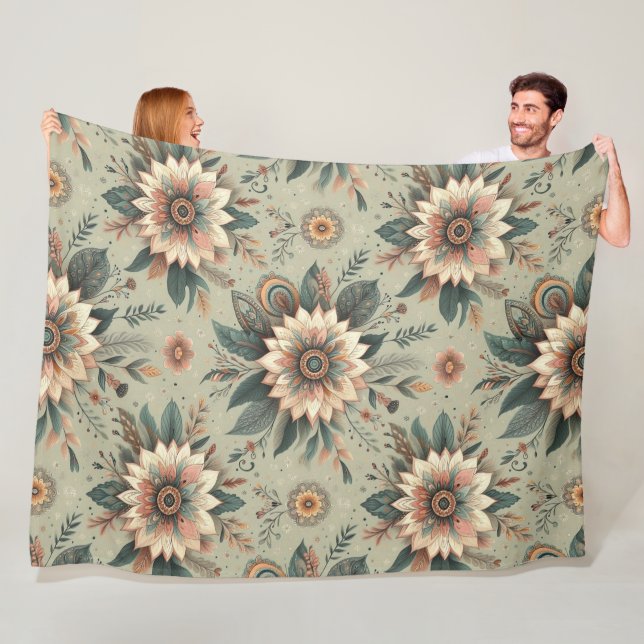 Florals on Sage Fleece Blanket (In Situ)