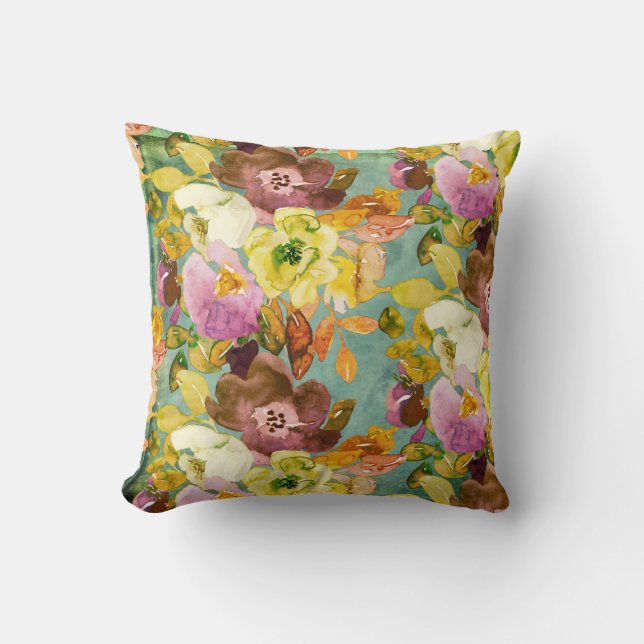 Florals on Teal Throw Pillow (Front)