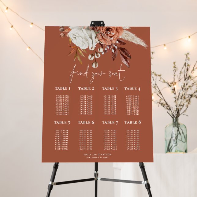 Florals Overlay 8 Table Wedding Rust Seating Chart Foam Board (In Situ (Stand))