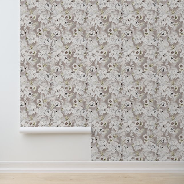 Florals Palm Leaves Flamingos Wallpaper (Application)
