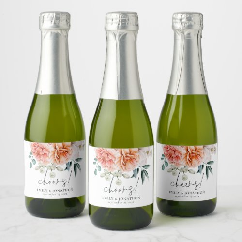 Florals Peonies Coral Peach Cheers Wedding Favor  Sparkling Wine Label