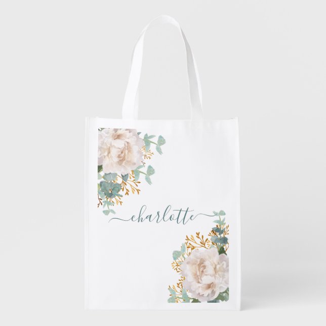 Florals peony eucalyptus monogram bridesmaid grocery bag (Front)