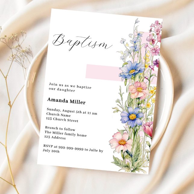 Florals pink cross girl Baptism Invitation (Creator Uploaded)
