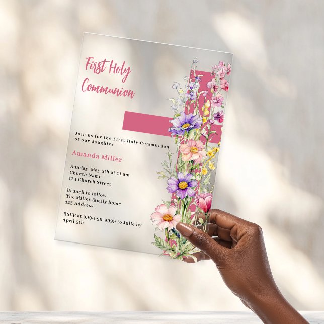 Florals pink cross girl clear First Communion Acrylic Invitations (Creator Uploaded)