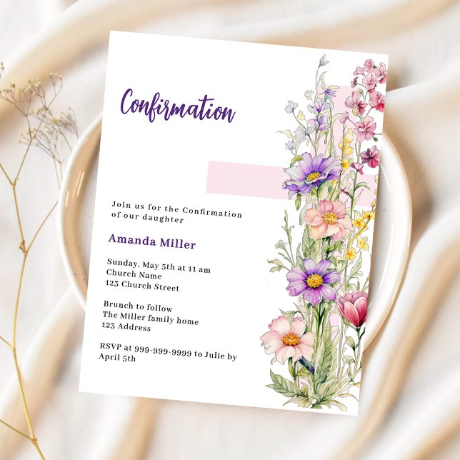 Florals pink cross girl Confirmation invitation (Creator Uploaded)