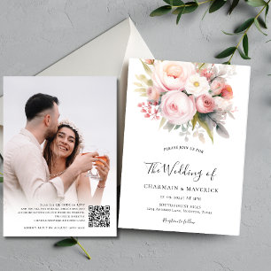 Florals Pink Photo Overlay QR Code Wedding Invitation