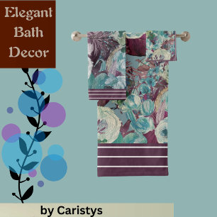Florals Plum, Teal, Soft White with Plum Border Bath Towel Set