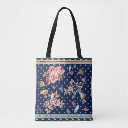 Florals Polka Dots Watercolor Navy Background Tote Bag