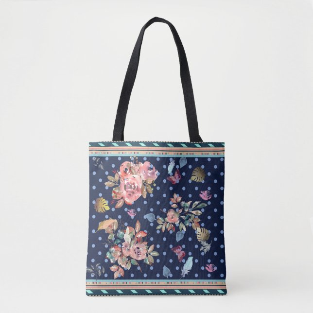 Florals, Polka Dots, Watercolor, Navy Background Tote Bag (Front)