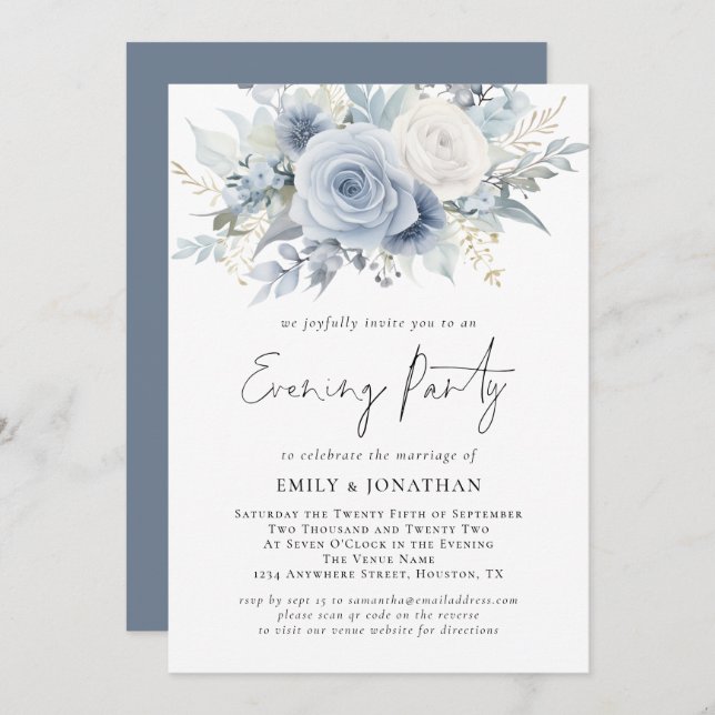 Florals QR Code Dusty Blue Wedding Evening Party Invitation (Front/Back)
