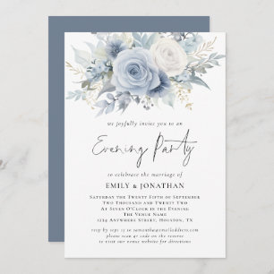 Florals QR Code Dusty Blue Wedding Evening Party Invitation