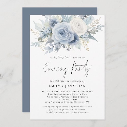 Florals QR Code Dusty Blue Wedding Evening Party Invitation