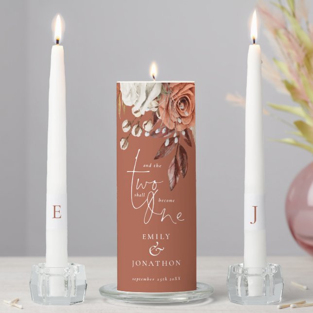 Florals Romantic Quote Names Date Initials Rust Unity Candle Set (In Situ)