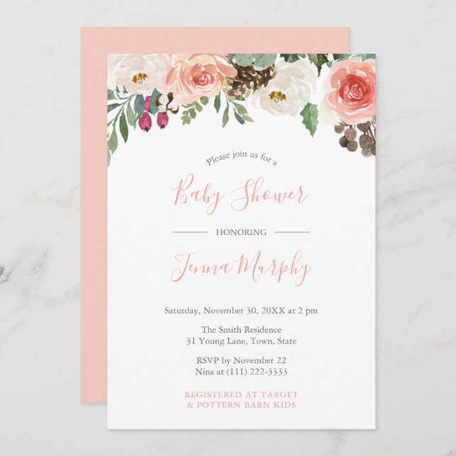 Florals Seedpods Rustic Winter Girl Baby Shower Invitation (Front/Back)