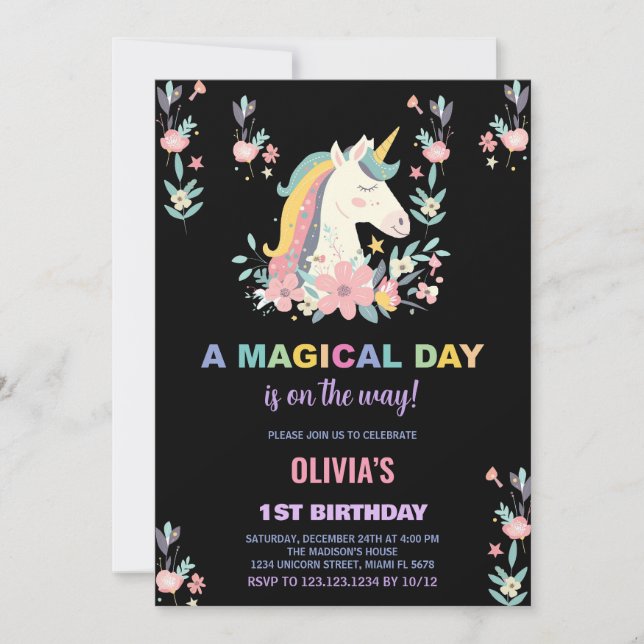 Florals Unicorn Birthday Invitations (Front)