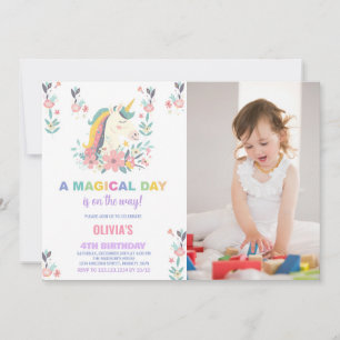 Florals Unicorn Birthday Invitations with photo