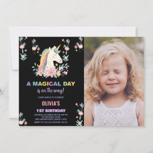Florals Unicorn Birthday Invitations with photo