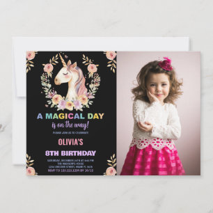 Florals Unicorn Birthday Invitations with photo