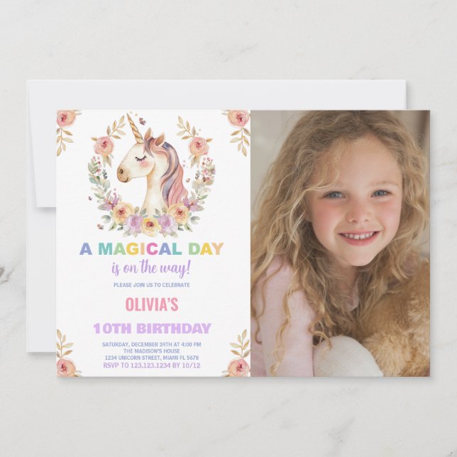 Florals Unicorn Birthday Invitations with photo (Front)