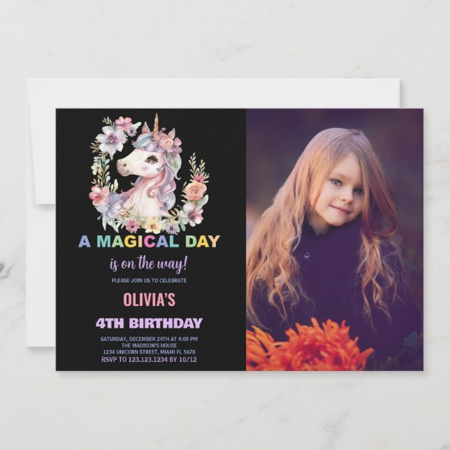 Florals Unicorn Birthday Invitations with photo (Front)